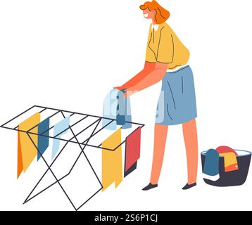 Female character hanging wet clothes at line for drying it. Isolated housewife doing chores and work, cleaning and tidying up. Hygiene and cleanliness of apartment and garment. Vector in flat style. Woman hanging washed wet clothes for drying vector Stock Vector