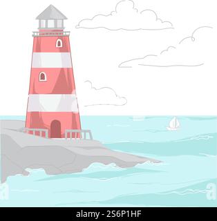 Seascape with old beacon on cliff by seaside. Lighthouse used for navigation for ships and vessels. Coastline with architecture for sailors. Searchlight summer view scene. Vector in flat style. Beacon standing on rock washed by water vector Stock Vector