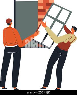Male workers installing window at construction site. Maintenance and renovation of building. Builders team improving interior, professional care and installation of product. Vector in flat style. Builders installing window at construction site Stock Vector