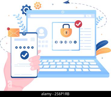 2FA Two Steps Authentication Password Secure Notice Login Verification or SMS with Code a Smartphone for Website in Flat Vector Illustration Stock Vector