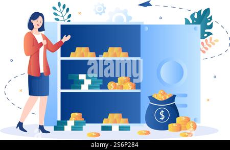 Bank Locker Vector Illustration. Storage Safe Box for Cash Safety, Protection, Gold, Currency and Important Documents using an Electronic Key to Open Stock Vector