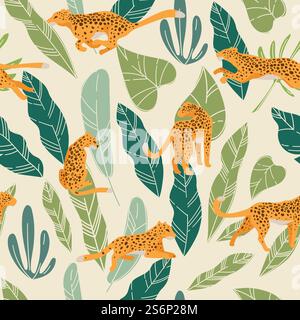 Running or hunting animal hiding in lush tropical leaves. Predator with spotted furry coat in motion. Zoo or jungle, jaguar carnivore mammal in tropics. Exotic foliage of monstera. Vector in flat. Hunting and running leopard animal in tropics Stock Vector