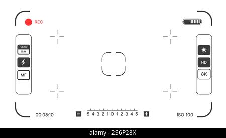 Screen of camera with focus and information with settings for better picture. Cinematography and recording, composition and grid for shooting. Photography taking. Vector in flat style illustration. Camera focus with info and settings on screen Stock Vector