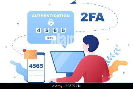 2FA Two Steps Authentication Password Secure Notice Login Verification or SMS with Code a Smartphone for Website in Flat Vector Illustration Stock Vector