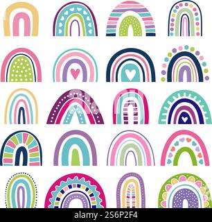 Rainbow shapes. Kids logos in scandinavian style abstract rainbow colored graphic minimalist vector illustrations. Stripe rainbow trendy, childish style elements. Rainbow shapes. Kids logos in scandinavian style abstract rainbow colored graphic minimalist vector illustrations Stock Vector