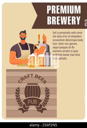 Craft beer production in premium brewery, bartender pouring tasty alcoholic beverage from tap. Male serving clients of shop. Promotional poster or banner with sample text. Vector in flat style. Premium brewery, craft beer, flavor and taste Stock Vector