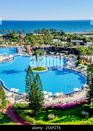 View of the pool of the hotel complex with Norfolk firs (Araucaria