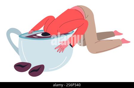 Male character addicted to energetic and aromatic coffee drink. Isolated personage drowning in cup of beverage. Caffeine addiction of man, americano or espresso big lover. Vector in flat style. Coffee and caffeine addiction, drowning in cup Stock Vector