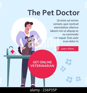 Medicine for pets and animals, dog on session with veterinarian. Man caring for puppy, man with first aid kit and medicaments. Website or webpage template, landing page, vector in flat style. Pet doctor veterinarian curing dog in clinics Stock Vector