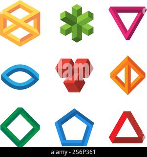 Infinity illusions geometry. Impossible 3d shapes triangles loop hexagons escher vector collection. Illusion loop 3d, geometrical infinity cube. Infinity illusions geometry. Impossible 3d shapes triangles loop hexagons escher vector collection Stock Vector
