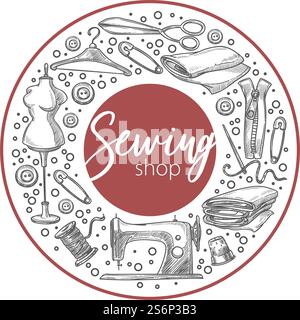 Shop with sewing materials and equipment for creating clothes. Mannequin and tools, instruments and needles, hangers and cloth. Machine and scissors monochrome sketch outline. Vector in flat style. Sewing shop materials and equipment for hobby Stock Vector