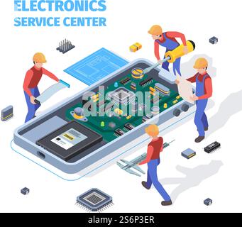 Repair service concept. People making repair at motherboard of smartphones or laptop workers fixed and electronic problems vector isometric. Repair smartphone, device fix and maintenance illustration. Repair service concept. People making repair at motherboard of smartphones or laptop workers fixed bugs and electronic problems vector isometric Stock Vector