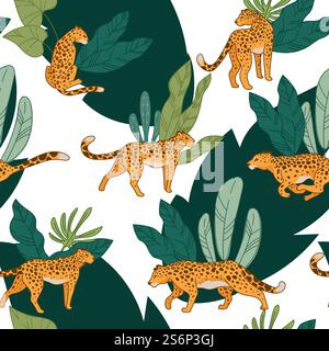 Leopard or cheetah animal hiding in jungle, jaguar in monstera leaves and lush tropical foliage and flora. Carnivore mammal wildlife and lifestyle of predator. Vector in flat style seamless pattern. Wildlife leopard animal running and hunting jungle Stock Vector