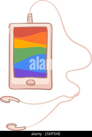 Mobile phone with screen picture of rainbow and headphones for listening music. Isolated smartphone device with positive wallpaper, bohemian or hippie picture and design. Vector in flat style. Smartphone with headphones and rainbow screen Stock Vector