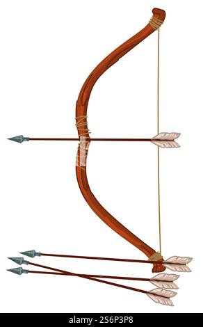 Ancient weapon, shooting with arrows from bow, old historical device or appliance, archery sports or hobby. Hunting and battles, aiming and targeting with accuracy and precision. Vector in flat style. Bow with arrow, ancient weapon for battles wars Stock Vector