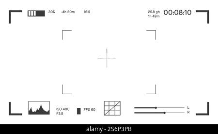 Photography taking, camera display with information of photo and settings. Recording and shooting, data for professional photographers. Details and technical options on screen. Vector in flat style. Camera focusing display with settings and info Stock Vector