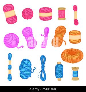Threads collection. Sewing handicraft items tangle threads from woolen neoteric vector cartoon objects. Handmade and knitting, homemade diy from colored threads illustration. Threads collection. Sewing handicraft items tangle threads from woolen neoteric vector cartoon objects Stock Vector