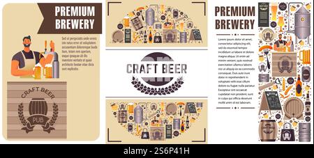 Tasty craft beer from premium brewery, bartender pouring alcoholic beverage from tap. Equipment and ingredients on flyers. Promotional poster or banner with sample text. Vector in flat style. Craft beer production and selling, premium brewery Stock Vector