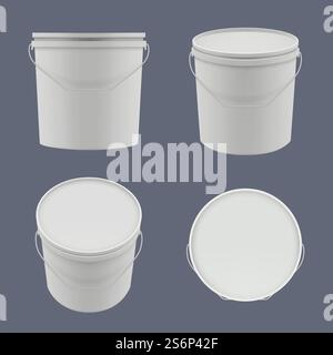 Plastic buckets. Yoghurt or construction liquids containers packages templates vector empty buckets. Container bucket for paint, realistic canister illustration. Plastic buckets. Yoghurt or construction liquids containers packages templates vector empty buckets Stock Vector