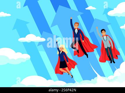Business hero background. Flying managers power of superhero good teamwork successful people helping employees vector business concept. Hero business team, success businessman power illustration. Business hero background. Flying managers power of superhero good teamwork successful people helping employees vector business concept Stock Vector