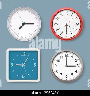Wall clock. Time symbols switches wall clock for office interior vector realistic illustrations. Clock office old-fashioned, business realistic clockwork hanging on wall. Wall clock. Time symbols switches wall clock for office interior vector realistic illustrations Stock Vector