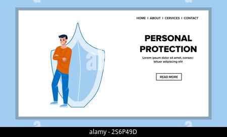 Personal Protection Service For Safe Life Vector. Young Man Using Personal Protection System For Protect Personal Digital Information In Cyberspace. Character Web Flat Cartoon Illustration. Personal Protection Service For Safe Life Vector Stock Vector
