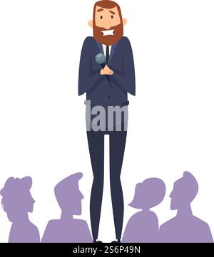 Public speaking fear. Man with microphone in front of audience. Frightened male with phobia speaks from stage vector illustration. Public speech at audience, anxiety and glossophobia. Public speaking fear. Man with microphone in front of audience. Frightened male with phobia speaks from stage vector illustration Stock Vector