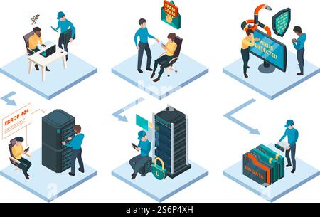 Sysadmin helping. Digital data network worker safe protect security software technician worker garish vector isometric illustration. Computing data network, automation connection control. Sysadmin helping. Digital data network worker safe protect security software technician worker garish vector isometric illustration Stock Vector