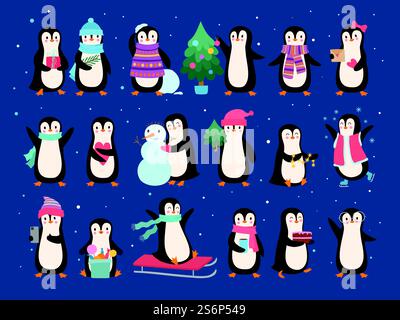 Winter penguins. Cute wild baby characters north pole animals penguins in sweater and scarf vector set. Antarctica penguin wildlife, decembers holiday illustration. Winter penguins. Cute wild baby characters north pole animals penguins in sweater and scarf vector set Stock Vector