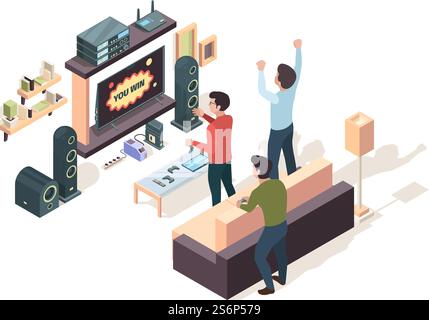 Gamers isometric. Game developer testing playing on console nerd persons in action pose sitting on sofa watching on monitors screen vector. Isometric play controller, gaming entertainment illustration. Gamers isometric. Game developer testing playing on console nerd persons in action pose sitting on sofa watching on monitors screen garish vector Stock Vector