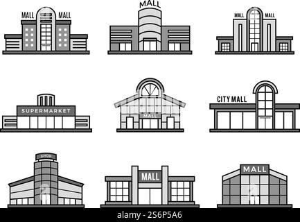 Retail stores symbols. Supermarket icons shopping mall facade building exterior structure monochrome recent vector pictures. Facade retail, supermarket and store, shop architecture illustration. Retail stores symbols. Supermarket icons shopping mall facade building exterior structure monochrome recent vector pictures Stock Vector