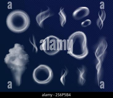 Cigarettes smoke circles. Gray flowing steam shapes fumes toxic smoke decent vector realistic templates. Illustration smoke toxic from cigarette, curve transparent smoking air. Cigarettes smoke circles. Gray flowing steam shapes fumes toxic smoke decent vector realistic templates Stock Vector