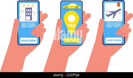 Booking online. Hands holding phones with different travel application vector illustration. Reservation order hotel and taxi, airplane flight. Booking online. Hands holding phones with different travel application vector illustration Stock Vector
