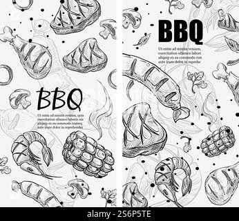 Grilled meat and steaks, bbq dishes roasted seafood shrimps and vegetables. Cooking and preparing tasty filling food. Cafe or restaurant menu, advertisement banner or poster. Vector in flat style. Bbq menu with grilled and roasted meat slices Stock Vector