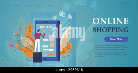 Ordering products in internet and waiting on delivery. Shopping online using smartphone as display, e-commerce and business for sellers. Website or webpage template, landing page flat vector. Online shopping in internet, ordering products Stock Vector