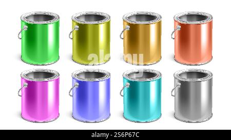 Paint Empty Buckets Multicolor Packages Set Vector. Blank Multicolored Steel Paint Containers For Painting Liquid. Artist Accessories For Drawing Template Realistic 3d Illustrations. Paint Empty Buckets Multicolor Packages Set Vector Stock Vector