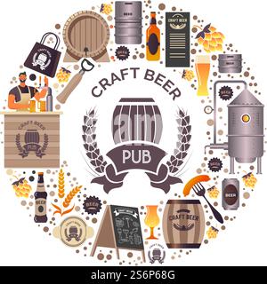 Producing and selling craft beer, tasty alcohol drink with different flavors and tastes. Bar or pub with wooden barrel and wheat. Keg with bottled product ready to be used. Vector in flat style. Craft beer production and selling alcohol drink Stock Vector