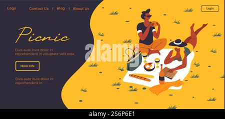 Man and woman lying on blanket with food and drinks spending weekends. Leisure and fun of couple in park. Summer picnic in public place. Website or webpage template, landing page flat vector. Picnic in park, couple on blanket with food web Stock Vector