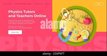 Tutors and teachers online, physics private lessons and classes for students and pupils. Education and knowledge obtaining. Science courses. Website or web page template, landing page flat vector. Physics tutors and teachers online, website page Stock Vector