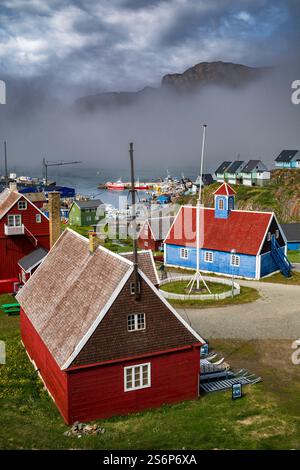 Fishing boats in harbor, Sisimiut (Holsteinsborg), West Greenland Stock ...