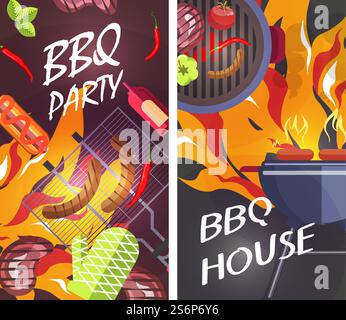 Cooking and grilling vegetables and meat, bbq party for leisure. Tasty menu in restaurant or cafe, home food preparation on weekend. Sausages and fresh tomato and veggies. Vector in flat style. Bbq party, grilled meat and vegetables on fire Stock Vector