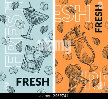 Alcoholic beverages and cocktails with slices of fruits, ice cubes and fresh mint leaves. Lemonade or tasty tonic. Cafe or restaurant menu, advertisement banner or poster. Vector in flat style. Fresh cocktails with ice cubes, bar cafe menu Stock Vector