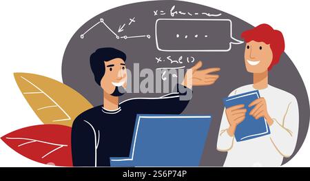 People working on progress and project completion, successful team working on computer. Charts and diagrams, graphs and charts. Formula leading to increase in productivity. Vector in flat style. Teamwork and progress in project completion vector Stock Vector