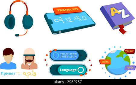 Translator icon. Concept pictures of foreign national language interpretation services bilingual translator vector set. Translation and communication with web dictionary. Vector illustration. Translator icon. Concept pictures of foreign national language interpretation services bilingual translator vector set Stock Vector