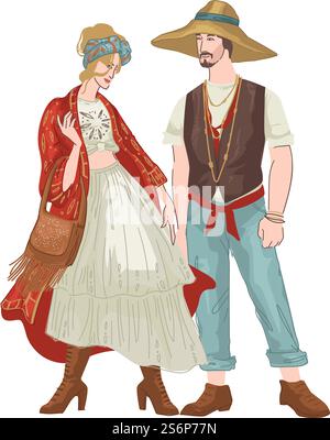 Man and woman wearing bohemian clothes, stylish characters in shirts and oversized clothing. Boho fashion and trends for males and females. Summertime seasonal outerwear. Vector in flat style. Bohemian couple man and woman wearing clothes Stock Vector