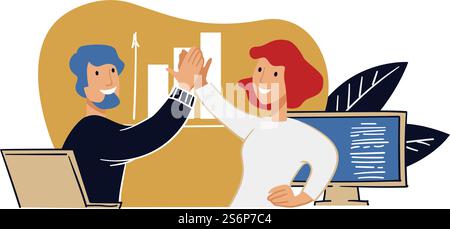 Man and woman coworkers successfully finished task or project. People giving high five, cooperation and collaboration of colleagues. Equality and brainstorming in office. Vector in flat style. Successful team members giving high five vector Stock Vector