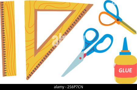 Assortment of school supplies, isolated geometric ruler and scissors for cutting. Glue in bottle and craft tools for classes and lessons. Do it yourself projects and handmade. Vector in flat style. Geometric ruler and scissors with glue in bottle Stock Vector