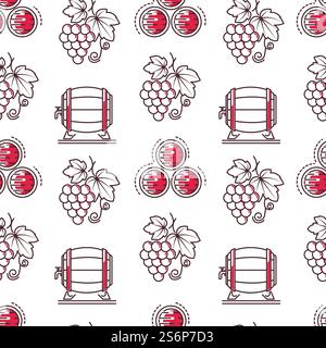 production and fermentation of wine in wooden barrels. Ripe grapes with leaves and full berries. Making and tasting of alcohol drinks. Seamless pattern, background or print, vector in flat style. Wine tasting and making, winery seamless pattern Stock Vector
