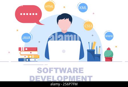 Software Development and Programming Code on Computer Vector Illustration for Technology, Engineer Team, coding, Marketing Material, Business and Presentation Stock Vector
