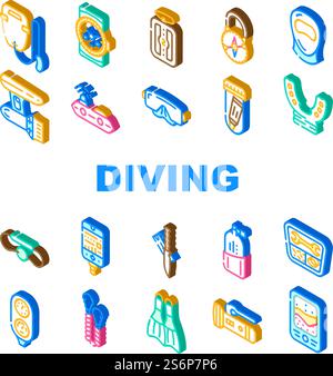 Diving Equipment And Accessories Icons Set Vector. Gps Beacon And Life Buoy, Flippers And Facial Mask For Dicing, Diver Knife, Mouthpiece And Oxygen Cylinder Isometric Sign Color Illustrations. Diving Equipment And Accessories Icons Set Vector Stock Vector